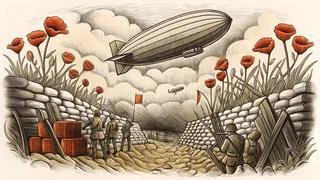 A World War I battlefield scene with trenches and aircraft.
