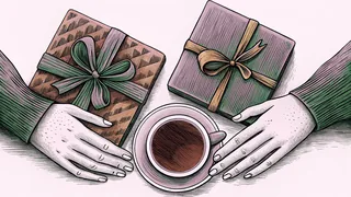 Hands clasp above a table adorned with gift boxes and a cup of tea.