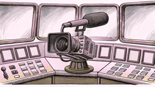 A studio camera and boom microphone sit beside a control-room console with monitors.