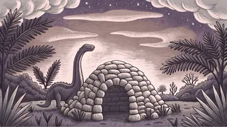Stone Age cave home with dinosaur in prehistoric landscape