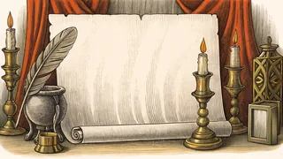 Quill and inkwell positioned beside aged blank parchment surrounded by candlelight and eighteenth-century artifacts.