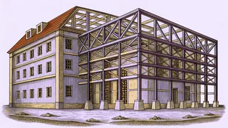 A modernist building under construction shows dramatic steel beams at sharp angles with construction materials staged nearby.