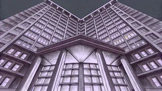 A modernist tower rises mid-construction, its dramatic steel beams at sharp angles casting deep geometric shadows.