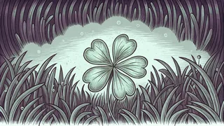 A delicate four-leaf clover growing among green meadow plants with dew.