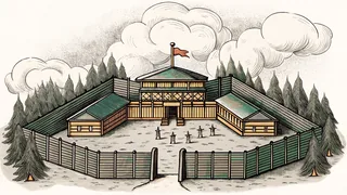 A frontier fort scene with soldiers and military action.