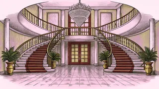 A magnificent spiral staircase curves beneath an ornate crystal chandelier in a grand foyer.