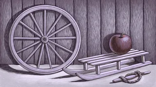 A red apple sits beside a wooden sled and a single bicycle wheel against a grey wall.