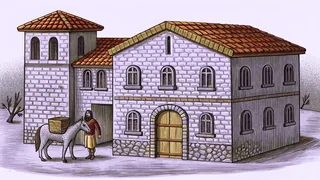 Traveler on donkey nearing stone inn with earthen vessels on steps