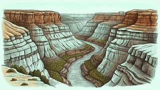 The Grand Canyon showing massive eroded rock layers and the river below.