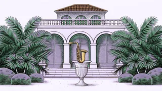 A crystal champagne glass sits beside a jazz saxophone on a mansion terrace.