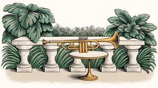 A trumpet rests on a cabaret table beside a brownstone stoop glowing at dusk.