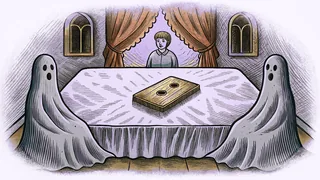 A wooden planchette sits on a table in a cold mansion while ghostly shadows loom in the darkness.