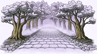 A mossy stone path winds through a misty forest beneath ancient oak trees.