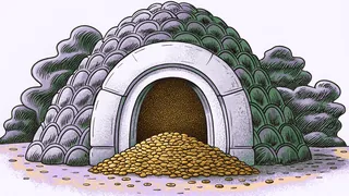 A mountain cave brims with glittering gold coins beneath carved stone archways.
