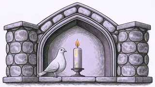 A lit candle and a white dove resting on a weathered stone arch.
