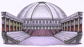 A futuristic arena features tall platforms rising beneath a dramatic overhead dome.