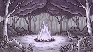 A woodland clearing holds a wild bird beside dark berries and a crackling campfire.