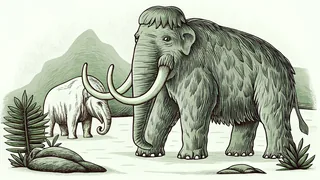 Ice Age animals in snowy tundra with frozen terrain.