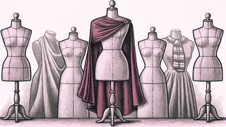 A superhero cape drapes from a design mannequin beside fashion sketches on a professional tailor's form.