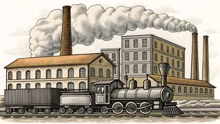 Steam locomotive speeds past smoking factories with spinning mill wheels beneath strung telegraph lines.