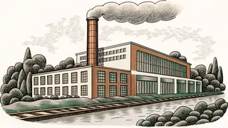 An industrial landscape with factories, railways, and steam power.