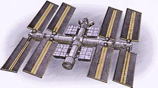 ISS orbiting Earth with extended solar panels glinting, modules connected, visiting spacecraft docked.