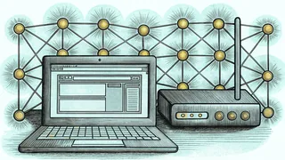 Computer network with wireless router, connected nodes, and web browser visible.