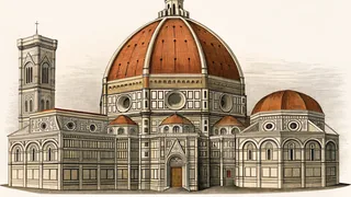 A fresco scaffold rises against a cathedral dome beside a sculptor's marble block.
