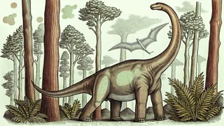 Prehistoric landscape with long-necked sauropods and pterosaurs.