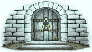A stone dungeon doorway with an iron-bound shield, lantern and mossy steps.