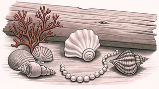 Seashells and pearls rest beside a coral branch on a weathered wooden dock.