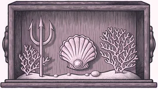 Pearls and seashells surround a trident beside coral spires arranged in a sea-glass shadow box.