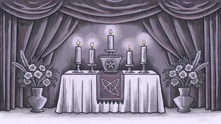 A Vodou altar with white and purple candles, fresh flowers, and ceremonial pottery vessels arranged for spiritual practice.