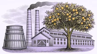 A tufted orange tree stands beside a tin of seeds and a smoking factory chimney.