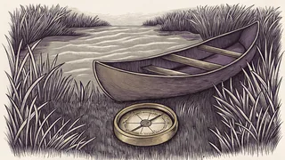 A brass compass and a canoe rest on a riverbank at the edge of open frontier land.