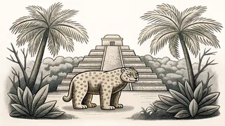 Jade jaguar sculpture stands before a stepped Maya pyramid temple overlooking a sacred cenote surrounded by jungle.