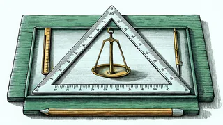 Ruler, balance scale, and thermometer arranged on a measurement workbench.