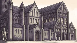 Armored knight stands beside medieval monastery and soaring cathedral with blacksmith forge at ground level.