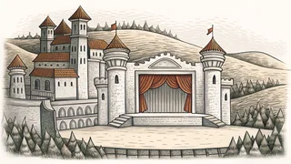 A medieval landscape with a castle, knights, and tournament.