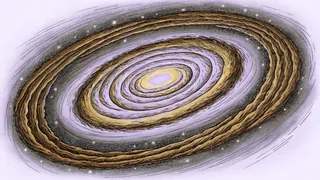 Milky Way spiral galaxy with bright galactic center, dark dust lanes, and scattered star clusters.