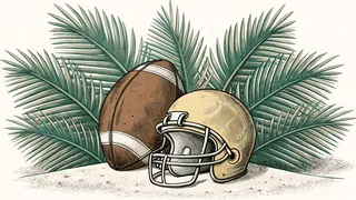 A vintage leather football and an old leather helmet rest beside a palm frond on sand.
