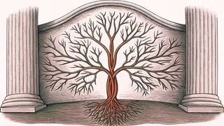 A glowing branched neuron trails dendrites over a softly lit spinal column in the dark.