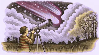 Observer gazing upward with binoculars beneath a night sky showing aurora, meteor, and Milky Way.