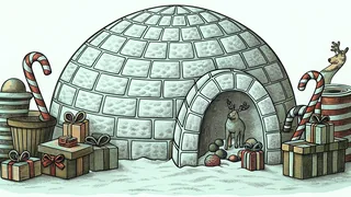 North Pole workshop with toys on shelves, reindeer nearby, and candy cane decorations