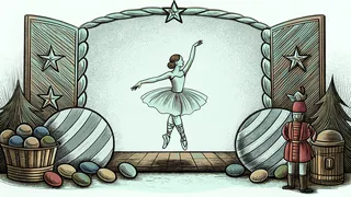 Ballet dancer in pink tutu performing near wooden nutcracker with candy decorations