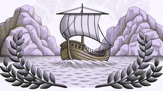 A wooden ship sails past rocky Greek islands with laurel wreaths and a lyre visible on deck.