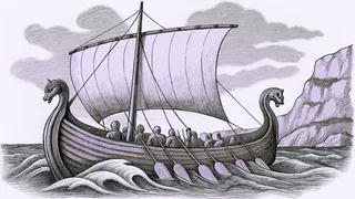 Ancient Greek sailing vessel on stormy seas with mythical creatures.