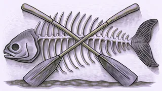 A great fish skeleton lies behind a pair of crossed wooden oars.