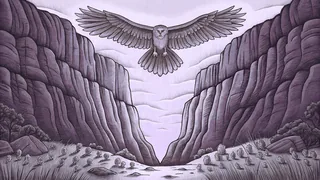 An eagle flying over pastoral hills with a shepherd and grazing flock below