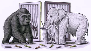 A gorilla and an elephant stand behind enclosure glass, crayons scattered across the floor.